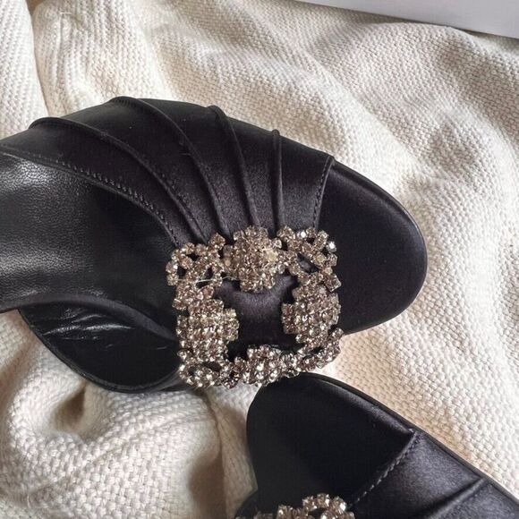 Manolo Blahnik Cassiado d'Orsay Crystal Pump Open Toe 90 mm Black Satin 36 NEW - Picture 11 of 13